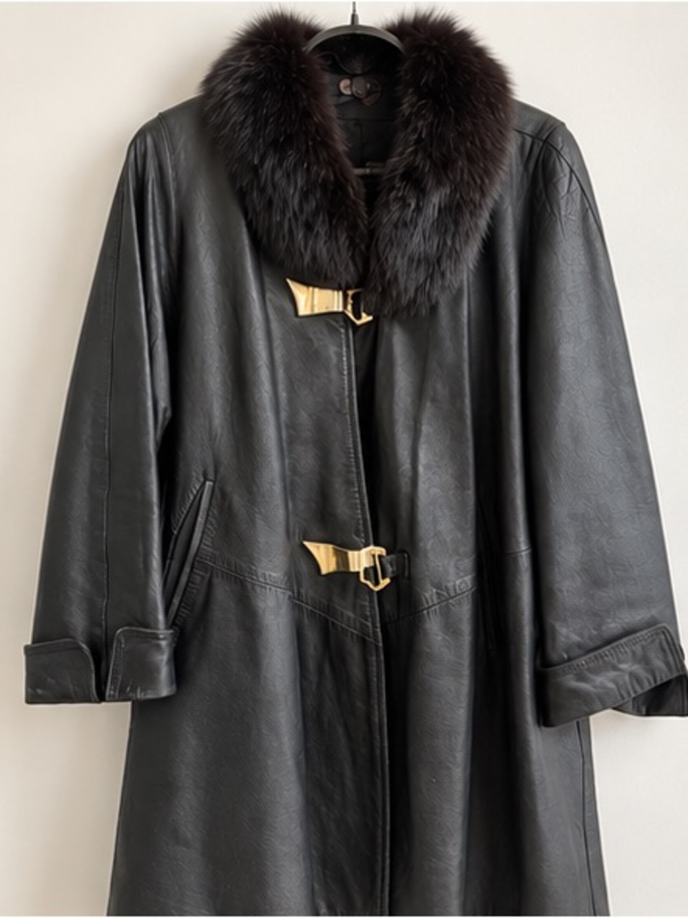 Vintage Angel Mod Paris Black Leather Coat Genuine Fur Collar